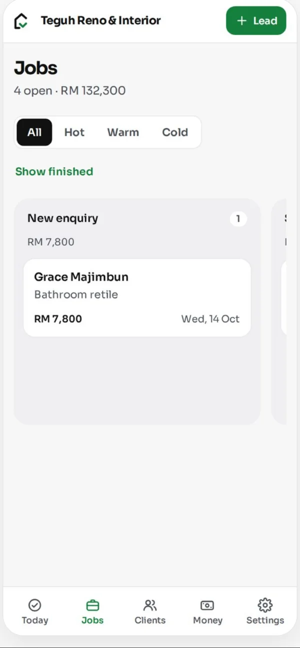 Jobs screen on mobile